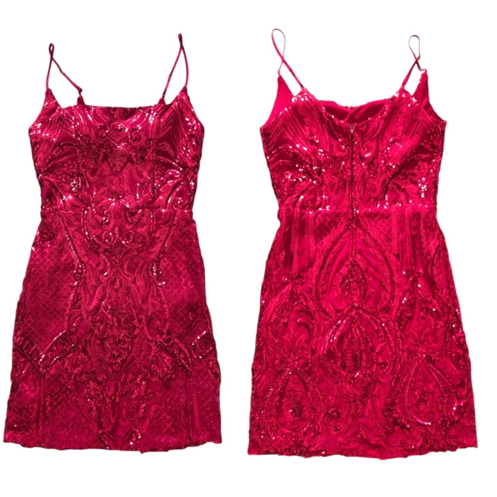 B.Darlin Spaghetti Strap Square Neck Short Fitted Dress Small Red Sequin Bodycon - Picture 2 of 9